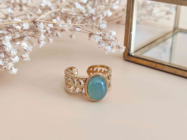 Bague Réglable Atelier Lunaire - Plaquée Or, Aventurine Verte, Forme Serpent