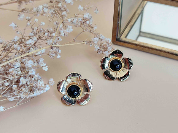 boucles oreilles fleurs or agate noire sophie bijoux