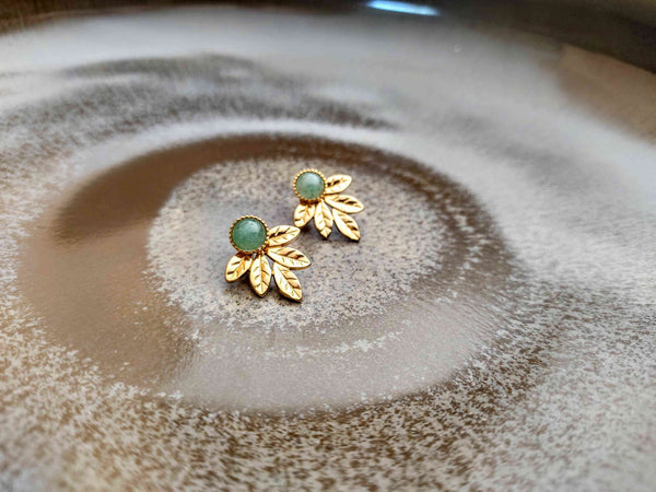 boucles d'oreilles devant derrière amovibles modulables feuille or et aventurine Sophie Bijoux