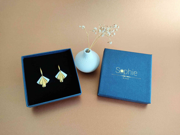 boucles oreilles éventail retro chic or et blanc Sophie Bijoux