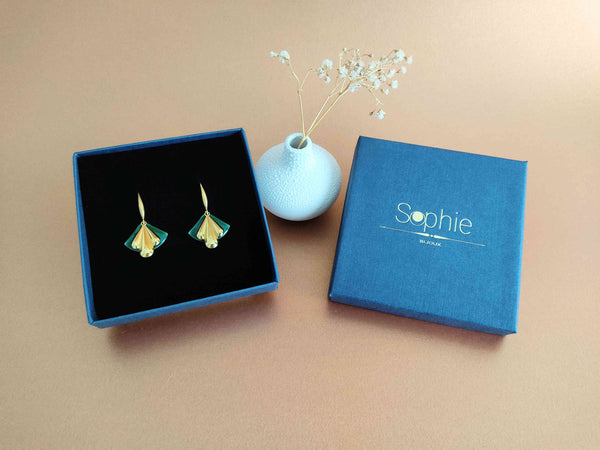 boucles oreilles éventail retro chic or et vert Sophie Bijoux