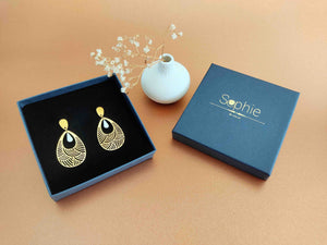 boucles oreilles pendantes goutte eau ajourée or et blanc boite sophie bijoux