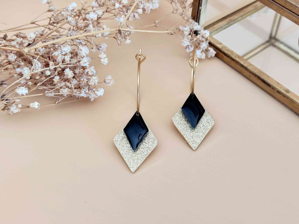 boucles d'oreilles pendantes losange effet pailleté doré et noir Sophie Bijoux