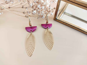 boucles oreilles pendantes navette demi-lune fuchsia sophie bijoux