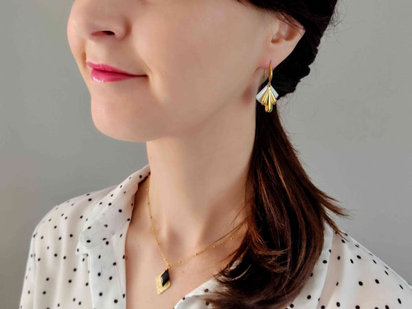 boucles oreilles éventail retro chic or et blanc Sophie Bijoux