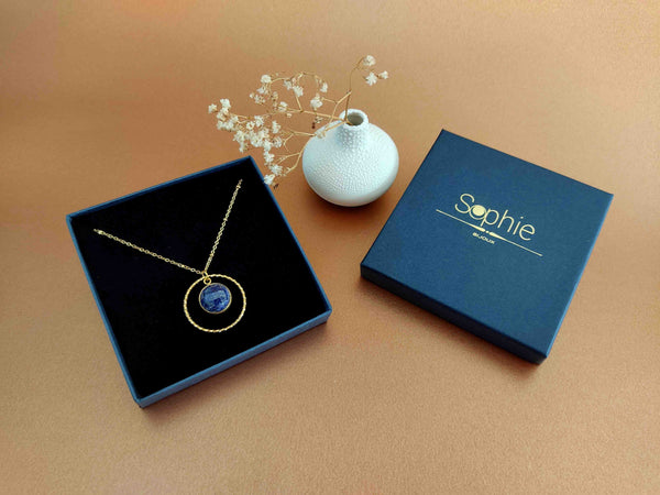 collier pendentif facetté lapis lazuli acier inoxydable doré  boite sophie bijoux