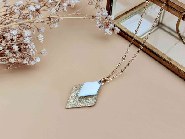 collier pendentif losange effet pailleté or et blanc Sophie Bijoux