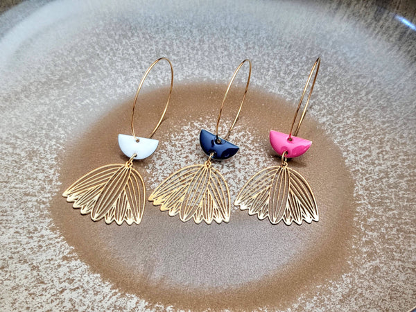 boucles oreilles demi-lune cloche rose fuchsia blanche bleu marine sophie bijoux