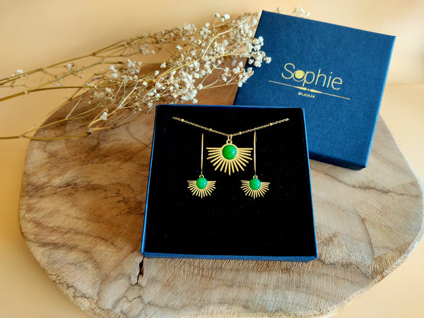 coffret cadeau boucles d'oreilles créole soleil collier pendentif agate vert