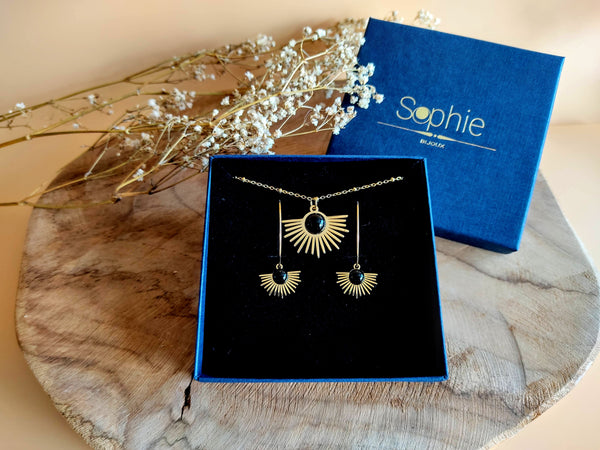 coffret cadeau boucles d'oreilles créole soleil et collier pendentif soleil agate noire sophie bijoux